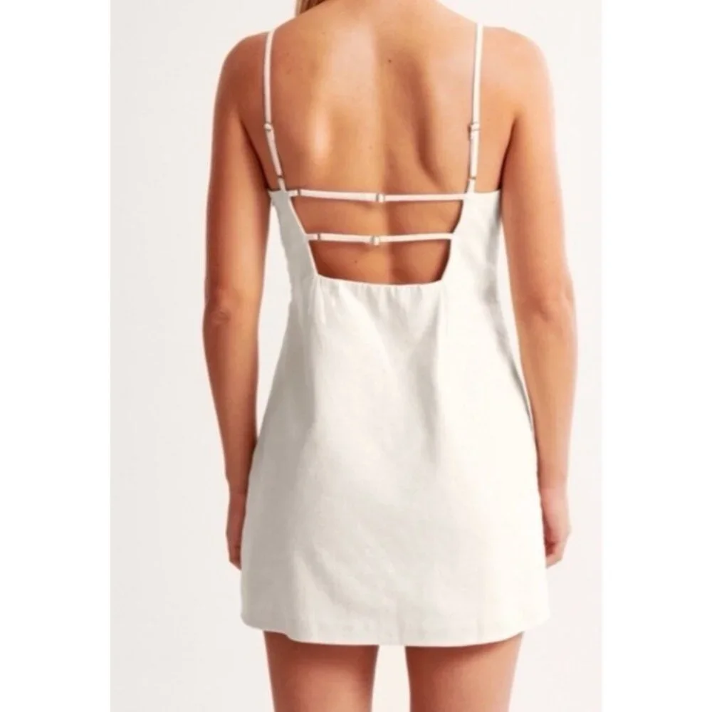 Abercrombie & Fitch Linen Strappy Mini Dress Cream Coastal Graduation L - Picture 2 of 13